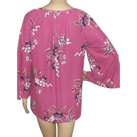 Lee Blouse Size Medium Pink Floral Print V-Neck top shirt boho peasant lace-up - Picture 5 of 11